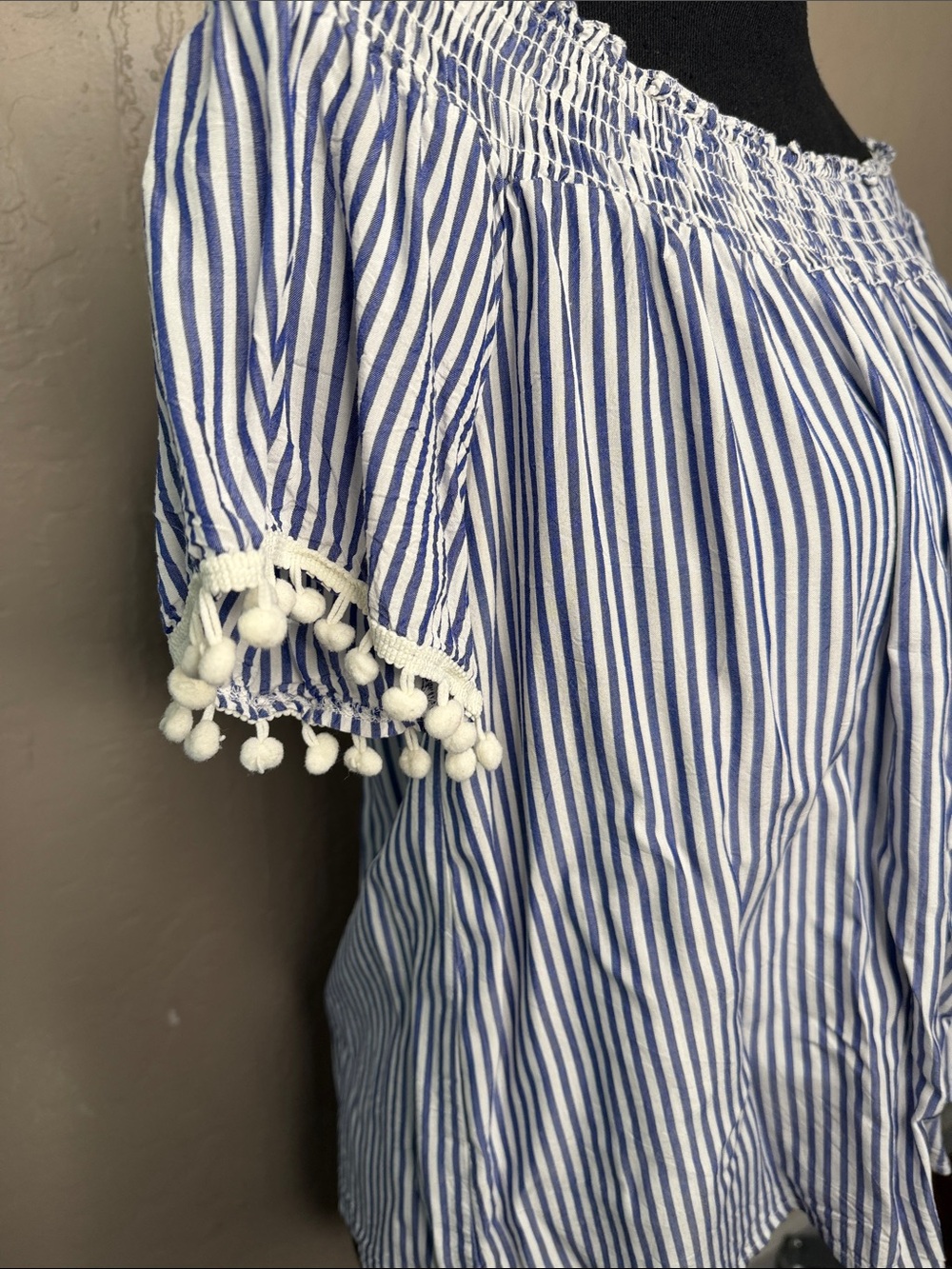 Off-Shoulder Blue & White Striped Women's Top - Picture 2 of 5